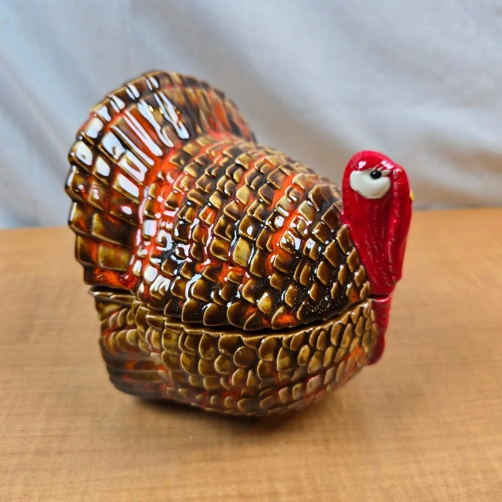 Ceramic Lidded Turkey Dish Candy Bowl Centerpiece Thankgiving Brown Orange VTG